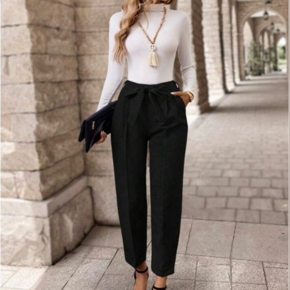 SHEIN Black Tie-Waist Women’s Trousers – High Waist, Relaxed Fit (Size M) - Picture 2 of 8